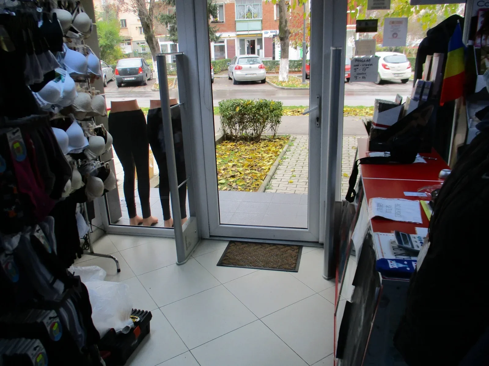 WELLPOINT anti-theft EAS pedestals at a street-level shop entrance, seen from inside